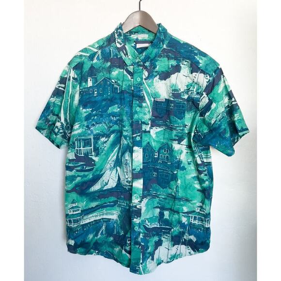 Columbia Other - Columbia Button Down Short Sleeve Shirt Rapid Rivers Printed Large Green Blue